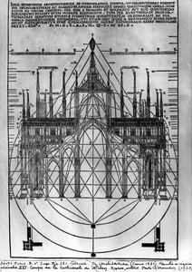 Diseño para la Catedral de Milán, ilustración de De Architectura por Vitruvio, Como, 1521 de Italian School
