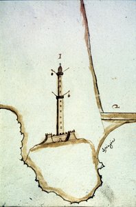 Detalle de un mapa topográfico manuscrito del siglo XVII que muestra la posición de la linterna de Génova de Italian School