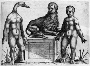 Diferentes tipos de monstruos humanos: un hombre con cabeza de pato, un hombre con cuerpo de león y otro con manos de palma. Grabado de “De monstrorum natura, causis et differentiis” de Fortunio Liceti (1577-1656), científico italiano. 1646 de Italian School