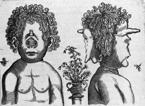 Diferentes tipos de monstruos humanos: cara y cara de cabeza de monstruo. Grabado de “De monstrorum natura, causis et differentiis” de Fortunio Liceti (1577-1656), científico italiano. 1646 de Italian School