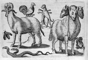 Diferentes tipos de animales monstruosos, con múltiples cuerpos o una cantidad anormal de extremidades. Grabado de “De monstrorum natura, causis et differentiis” de Fortunio Liceti (1577-1656), científico italiano. 1646 de Italian School