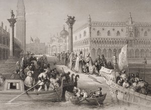 Embarque del Dogo, Venecia, grabado por Challis de Italian School