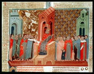 Emperador Justiniano (483-565) y su corte, de Justinianus Istitutiones de Italian School