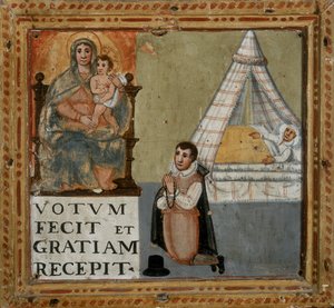 Exvoto que representa a un hombre agradeciendo a la Virgen de rodillas por haber sido curado de una enfermedad, 1604 de Italian School