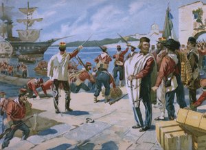 Expedición de los Mil bajo el liderazgo de Giuseppe Garibaldi, desembarco en Marsala, Sicilia, 1860, ilustración de un álbum sobre la historia del Risorgimento hecho para el chocolate Talmone, finales del siglo XIX de Italian School