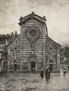 Fachada de la catedral de Bellano, Lago de Como, Italia, grabado de un dibujo de Quinto Michetti, de L
