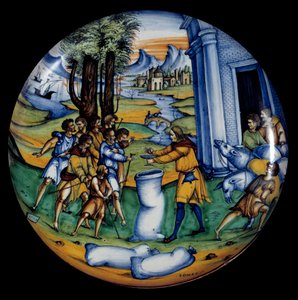 Taza de loza representando a José en la bolsa de Benjamín con la copa que había colocado en ella. Fabricada por la Manufactura Case Pirota de Italian School