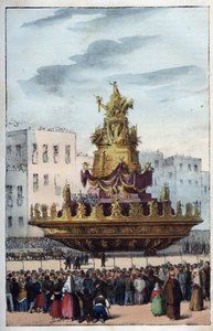 Fiesta de Santa Rosalía de Palermo (1130-1160), patrona de Palermo - La fiesta de Santa Rosalía - (la patrona de Palermo en Italia) - grabado de 