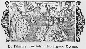 Pescando en el Océano Noruego, ilustración de Historia de Gentibus Septentrionalibus por Olaus Magnus, publicado en Roma, 1555