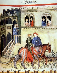 Fol.102r Montando a caballo, ilustración del Tacuinum Santiatis Codex Vindobonensis de Italian School