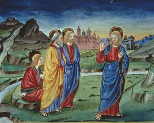 Fol.103v Después de la Transfiguración Cristo dice a los apóstoles que no lo revelen hasta después de la Resurrección (vitela) (detalle) de Italian School