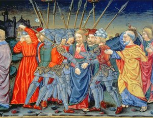 Fol.105v Simón Pedro defiende a Cristo y hiere a un soldado con una espada (vitela) de Italian School
