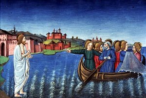 Fol.134r Los discípulos pescan en el lago de Galilea (vitela) de Italian School