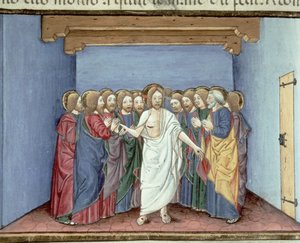Fol.135v Jesús se presenta a los discípulos reunidos bajo un mismo techo por temor a los jueces (vitela)