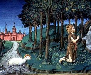 Fol.143v San Juan Bautista reza en el desierto (vitela) de Italian School