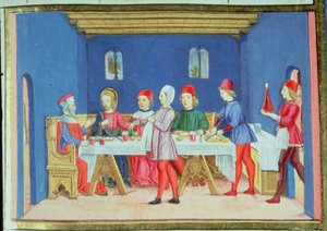 Fol.75v Jesús durante la comida en casa del fariseo pregunta si le está permitido curar en sábado (vitela)