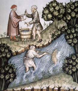 Fol.84r Pescando, ilustración del Tacuinum Santiatis Codex Vindobonensis de Italian School