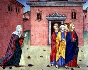 Fol.86v Cristo se encuentra con una mujer y le dice "estás curada" (vitela) de Italian School