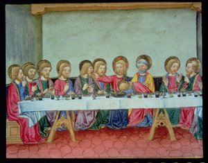 Fol.99v Durante la Última Cena Cristo anuncia que uno de los apóstoles lo traicionará (vitela) de Italian School