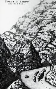 Fuerte Bard, grabado del Theatrum Sabaudiae de Italian School