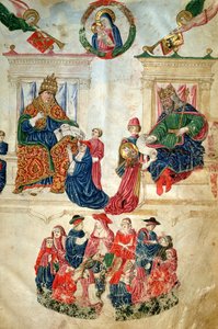Fundación de la Universidad de Bolonia por el emperador Teodosio II (408-450) y privilegios concedidos por el papa Pablo II (1417-71) (vitela) de Italian School
