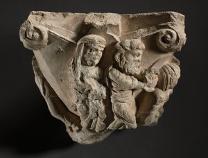 Fragmento de un capitel con escenas de la infancia de María, taller de la Catedral de Monopoli, principios de 1100s de Italian School