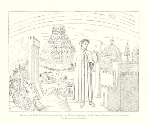 Fresco en la Puerta de los Servi de Santa Croce, Cuadro alegórico, Dante, Florencia y los siete círculos, por Domenico di Michelino