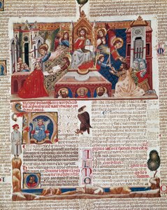 Página del frontispicio del manuscrito del “Decretum Gratiani” (Concordia discordantium canonum) que data de 1140 y regula las leyes y cánones de la Iglesia Católica Romana. Siglo XIV Siena, Biblioteca degli Intronati