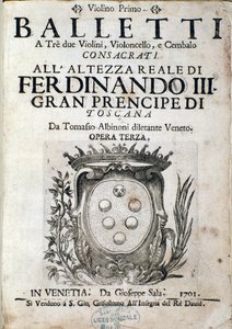 Portada de la partitura musical de Balletti a tre, ópera III de Tomaso Albinoni (1671-1750) de Italian School