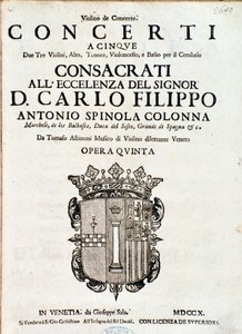 Portada de la partitura musical de “Concerti a cinque, opera 5” de Tomaso Albinoni de Italian School