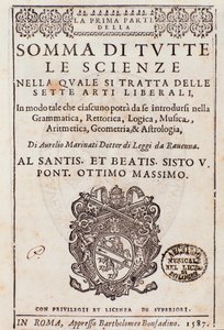 Frontispicio tomado de Somma di tutte le scienze, ensayo sobre las artes liberales, por Aurelio Marinati de Italian School