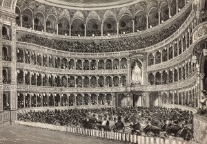 Noche de gala en el teatro Costanzo en honor al príncipe heredero de Alemania (futuro Federico III), Roma, Italia, grabado del dibujo de Dante Paolocci, de L