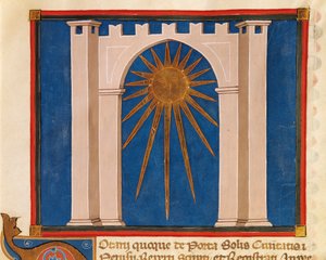 Puerta del Sol, miniatura del Registro de Notarios de Perugia, manuscrito, Italia, siglo XIV de Italian School