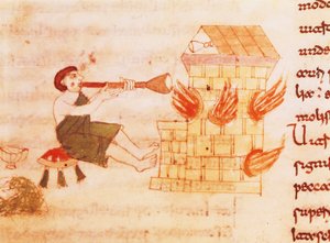 Sopladores de vidrio, miniatura de "De universo" de Rabano Mauro, manuscrito, Italia, siglo XI de Italian School