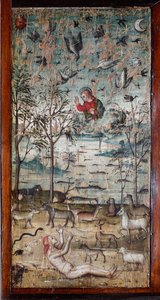 Dios crea a Adán, animal, tierra, cielo y agua (pintura en madera)