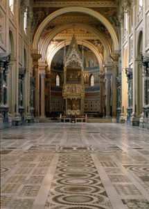 Arte gótico: vista del altar papal sobre el Tabernáculo hecho por Giovanni di Stefano alrededor de 1367 adornado con doce paneles decorados con frescos de Barna da Siena (siglo XIV) de Italian School