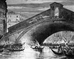 Gran Canal y el Puente de Rialto durante el Carnaval de Italian School