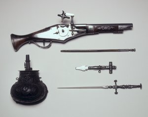 Grupo de Armas: Pistola de Rueda, Llave de Cuerda, Frasco de Pólvora y Estilete de Italian School