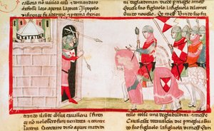 Los güelfos bloquean a los gibelinos para que no reingresen a la ciudad, miniatura de la Cronica (Crónicas) de Giovanni Villani, manuscrito, Italia siglo XIV de Italian School