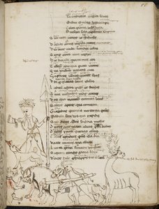 Harley 2453, f.55 Una escena de caza con un jabalí, un ciervo, cazadores, perros y una liebre, de las "Tragodiae", de Lucio Anneo Séneca de Italian School