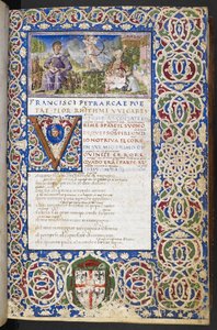 Harley 3567, f.9 Miniatura de Petrarca y Laura, con Amor apuntando su flecha a Laura, de 