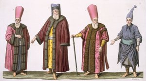 Jefe de los Ujieres del Harén, Capitán de los Ujieres del Harén, Ujier del Harén y Paje, lámina 3 de la Parte III, Volumen I de La Historia de las Naciones, grabado por V. Raineri (aguafuerte)