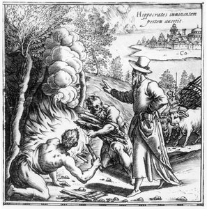 Hipócrates (c.460-c.377 a.C.) explicando la importancia del contagio en la epidemia de peste, portada de Hippocratis Opera Quae Extant, publicado en Venecia, 1588