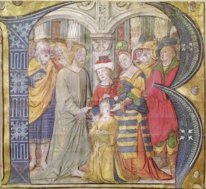 Inicial historiada B que representa a Cristo sanando a una mujer poseída de Italian School