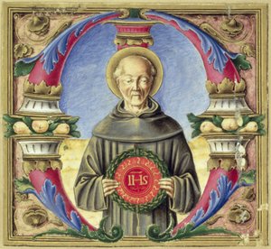Inicial historiada "M" que representa a San Bernardino de Siena (vitela)