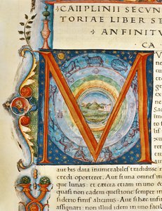 Inicial historiada "M" que representa los cielos y los signos del zodiaco, de la "Naturalis Historia" de Plinio el Viejo (vitela) de Italian School