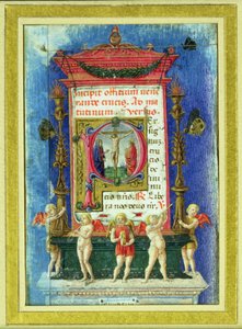 La inicial "P" historiada representa la Crucifixión, página de un Libro de Horas (vitela)