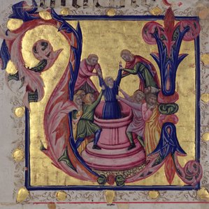 Inicial historiada "U" que representa a José sacado del pozo por sus hermanos, Escuela Toscana (vitela)