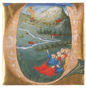 Inicial historiada que representa a Eliseo con el manto de Elías, recorte de un antifonario, c.1440 (temple y pan de oro sobre pergamino) de Italian School