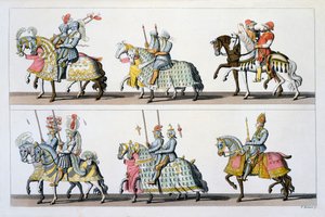 Sacro Imperio Romano: Participantes en un torneo en el Castillo de Luxemburgo en la época de Maximiliano I, de Costumi dei Romani, Svizzeri... de Italian School